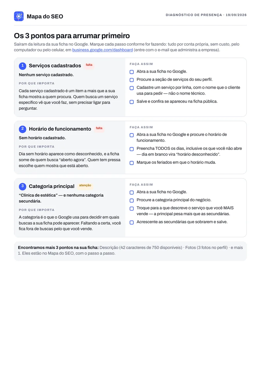 Página 2 do diagnóstico de exemplo: Os 3 pontos para arrumar primeiro